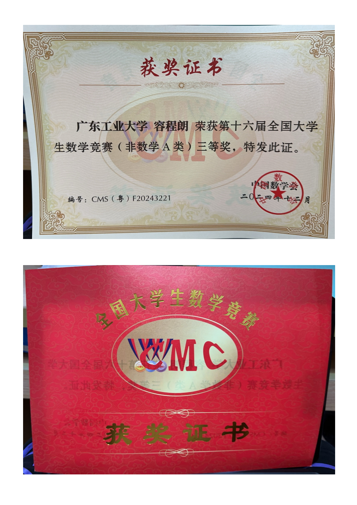 Certificate preview for National Mathematics Competition for College Students